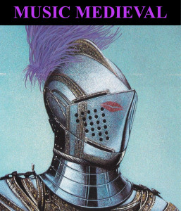 Knight in armor with purple feather and lipstick marks on helmet