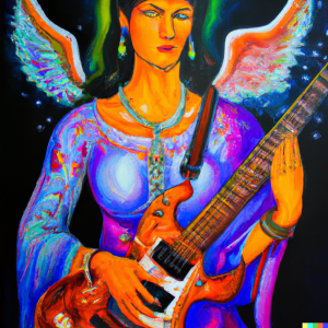 Generated by DALL-E AI Image Generator AI Generated image of a goddess playing electric guitar