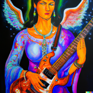 AI Generated image of a goddess playing electric guitar