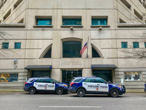 PPB Central Precinct Two Portlnd Police cars in front of Portland Bureau central precinct