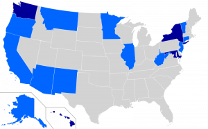 State funding for abortion by legislation (dark blue) and court order (light blue) (Creative Commons)