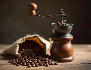 Image of coffee beans and hand-cranked coffee grinder.