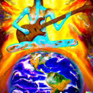 AI Generated image of a goddess playing electric guitar on top of the planet Earth