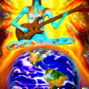 Generated by DALL-E AI Image Generator AI Generated image of a goddess playing electric guitar on top of the planet Earth