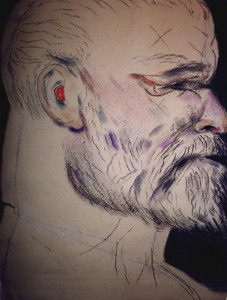 16. SELF-PORTRAIT WITH RED HEARING AID, 1997-2001, Charcoal and pastel on paper, 30 ½ x 22 ½ inches, Collection of Peter and Elizabeth Goulds, Topanga, California