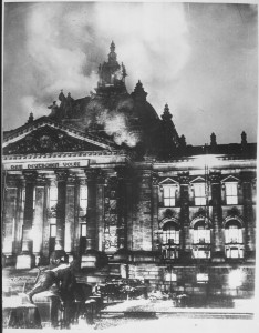 via wikipedia B&W photo of firefighters at burning Reichstag