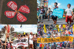 four images of cheery protests- end fosssil fuels - we can build the future