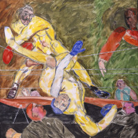 WHISTLER vs. RUSKIN (Novella in Terre Verte, Yellow, and Red), 1992, Oil on canvas, 60 x 60 inches, Private Collection, Los Angeles 